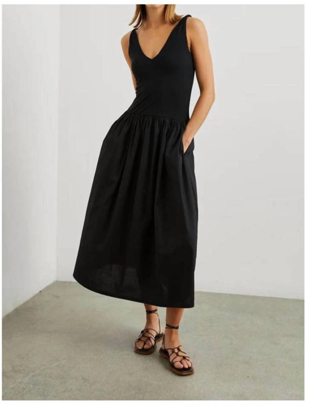 Rails Franca Dress Black XS Pockets Sleeveless Midi Drop Waist V Neck Poplin LBD - Picture 1 of 9